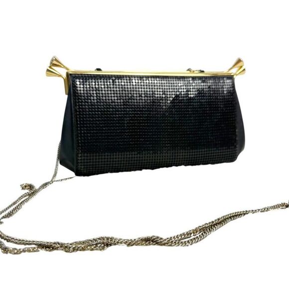 Whiting & Davis Black Mesh Bag Long Chainlink Crossbody Strap Elegant Vintage - Picture 1 of 11
